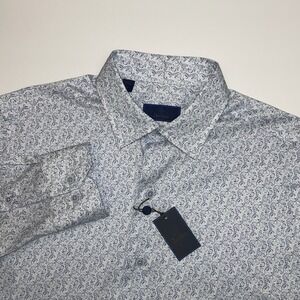 NEW David Donahue Button Down Dress Shirt Medium White Blue Paisley Long‎ Sleeve